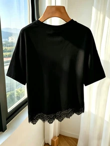 Franclia 新款春夏圆领短袖荷叶边下摆黑色T恤 - 黑色 - 查看 2