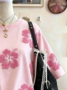 Lalippa Hawaiian Floral Print Fashion Minimalist Oversized Mid-Length Round Neck Drop Shoulder Women's T-Shirt, Gift For Friends - Multicolor - View 4