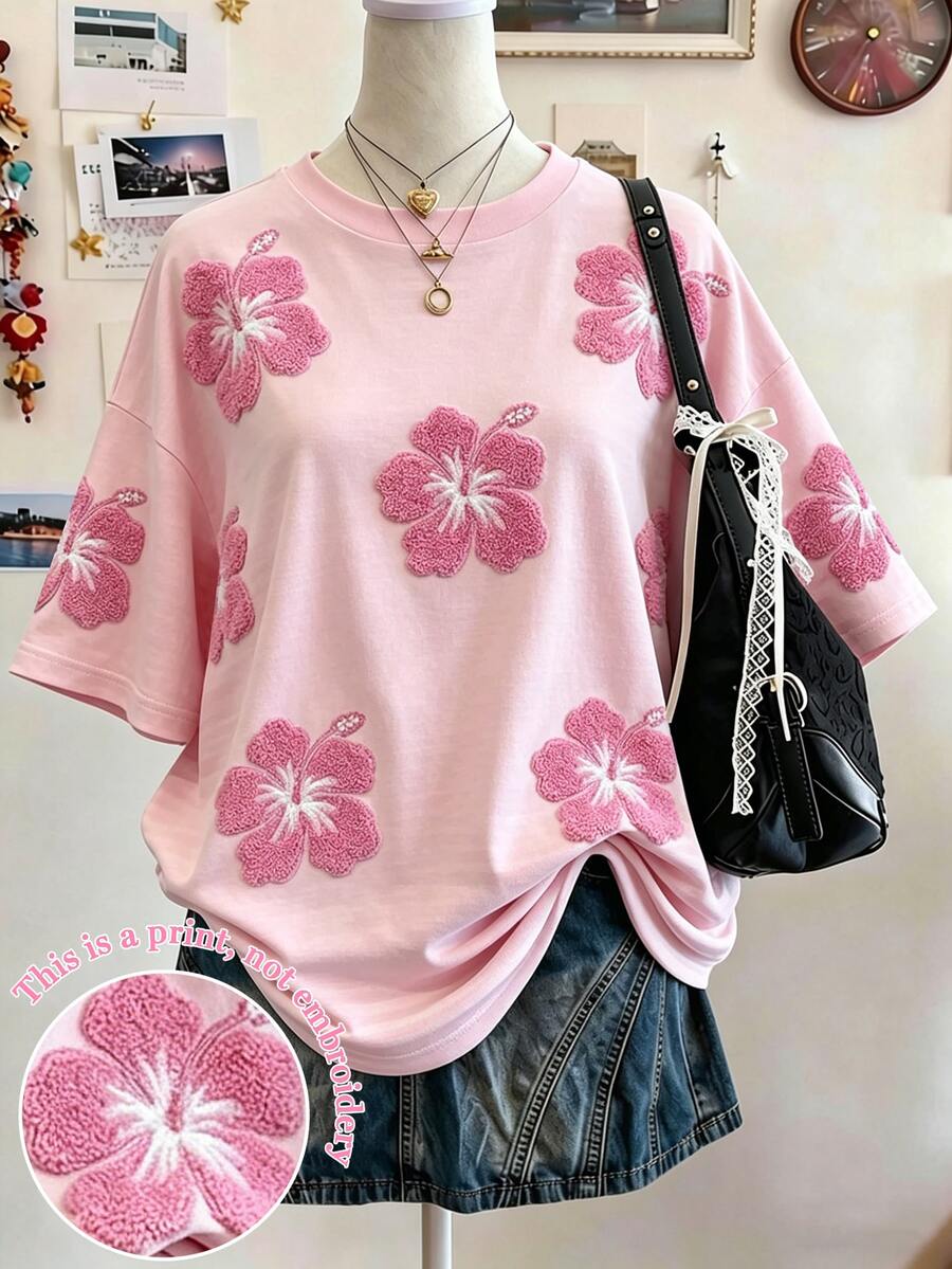 Lalippa Hawaiian Floral Print Fashion Minimalist Oversized Mid-Length Round Neck Drop Shoulder Women's T-Shirt, Gift For Friends - Multicolor - View 1
