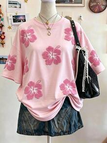 Lalippa Hawaiian Floral Print Fashion Minimalist Oversized Mid-Length Round Neck Drop Shoulder Women's T-Shirt, Gift For Friends - Multicolor - View 3