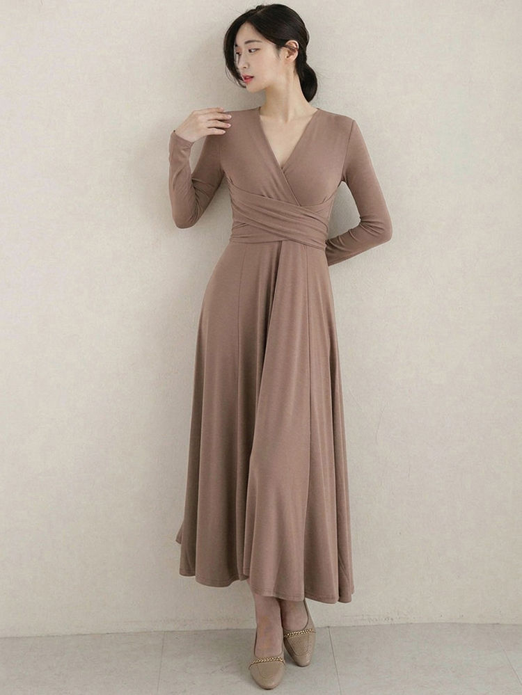 DAZY Ladies' V-Neck Slim Fit Waist Belted Mid-Length Dress,Fall Clothes,Back To School Clothes Long Sleeve Dress Maxi Dress - Brown - View 6
