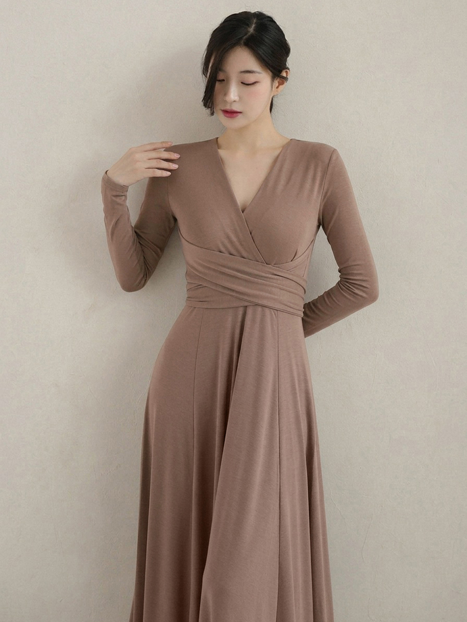 Ladies' V-Neck Slim Fit Waist Belted Mid-Length Dress,Fall Clothes,Back To School Clothes Long Sleeve Dress Maxi Dress