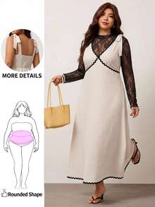 Enliva Plus Size Sleeveless Color Block Midi Dress For Women, Elegant Work Dress, Fall Outfits, Vacation Wedding Guest, Black - Apricot - View 1