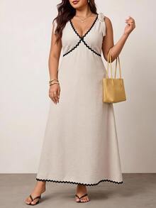Enliva Plus Size Sleeveless Color Block Midi Dress For Women, Elegant Work Dress, Fall Outfits, Vacation Wedding Guest, Black - Apricot - View 5