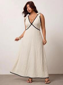 Enliva Plus Size Sleeveless Color Block Midi Dress For Women, Elegant Work Dress, Fall Outfits, Vacation Wedding Guest, Black - Apricot - View 6