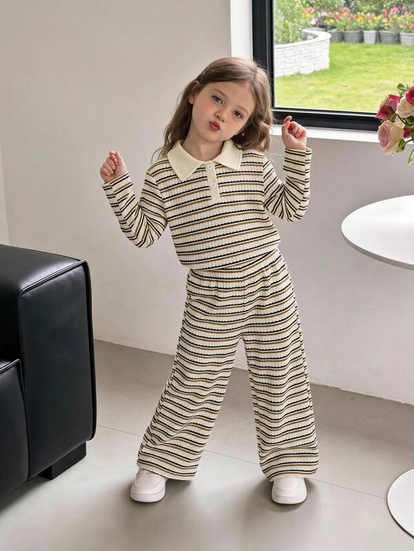 Playful Pals YOUNG Girls 2pcs Autumn Brown Long Sleeve Lapel Polo Collar Button Top Straight Leg Pants Casual Outfit Set Fall Clothing Nursery Birthday