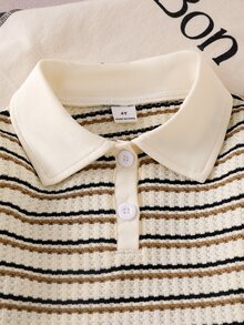女童卡其色條紋領口長袖 Polo 上衣與直筒長褲 2 件套休閒日常初秋返校穿搭 - 彩色 - 查看 4