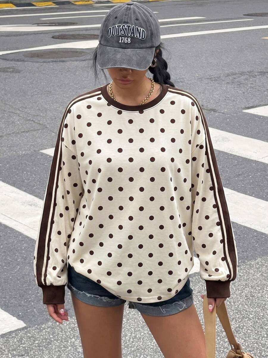 Muchica Plus Size Women Polka Dot Color Block Casual Versatile Daily Wear T-Shirt - Multicolor - View 1