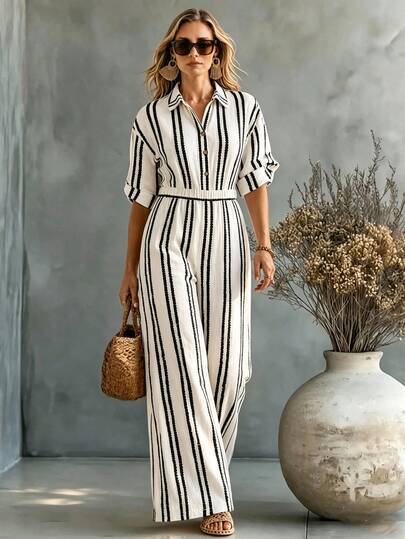 Ceyna Plus Size Woven Black And White Shirt Collar Button-Front 5-Inch Sleeve Cinched Waist Straight Leg Elegant Jumpsuit Office Vacation Brunch Summer