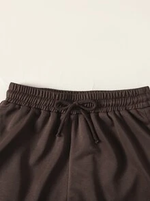 SHEIN Tween女孩針織春夏新款時尚休閒極簡風棕色抽繩綁帶T恤寬鬆長褲兩件套，休閒日常百搭，適合外出、上學、度假 - 卡其色 - 查看 4