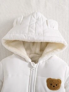 Elladie kids 女童連帽冬季外套，可愛熊耳帽，純色抓絨內裡拉鍊外套 - 杏色 - 查看 6