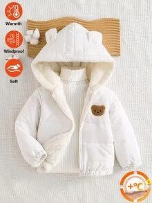 Elladie kids 女童連帽冬季外套，可愛熊耳帽，純色抓絨內裡拉鍊外套 - 杏色 - 查看 4