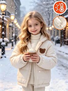 Elladie kids 女童連帽冬季外套，可愛熊耳帽，純色抓絨內裡拉鍊外套 - 杏色 - 查看 5