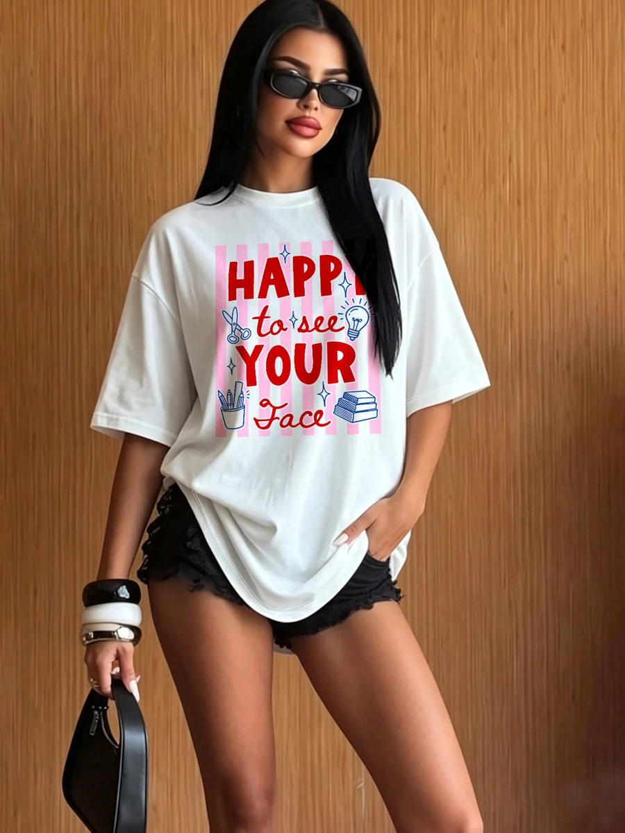 Aidyla Women's Letter Print Casual Everyday Short Sleeve T-Shirt - White - View 1