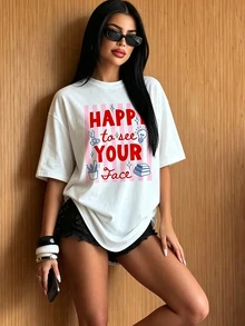 Aidyla Women's Letter Print Casual Everyday Short Sleeve T-Shirt - White - View 4