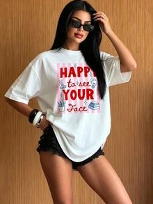 Aidyla Women's Letter Print Casual Everyday Short Sleeve T-Shirt - White - View 5