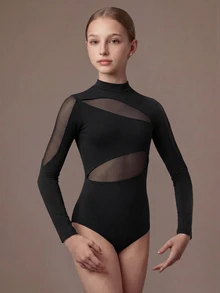 SHEIN Tween Girls Clothes Solid Color Contrast Mesh Long Sleeve Athletic, Cute, School, Back To School - Black - View 2
