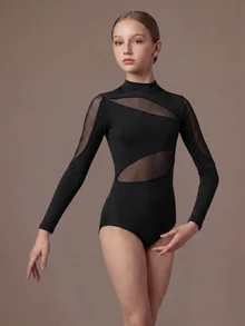 SHEIN Tween Girls Clothes Solid Color Contrast Mesh Long Sleeve Athletic, Cute, School, Back To School - Black - View 4