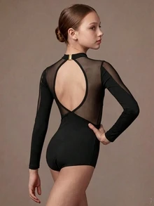 SHEIN Tween Girls Clothes Solid Color Contrast Mesh Long Sleeve Athletic, Cute, School, Back To School - Black - View 1