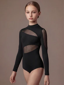 SHEIN Tween Girls Clothes Solid Color Contrast Mesh Long Sleeve Athletic, Cute, School, Back To School - Black - View 5