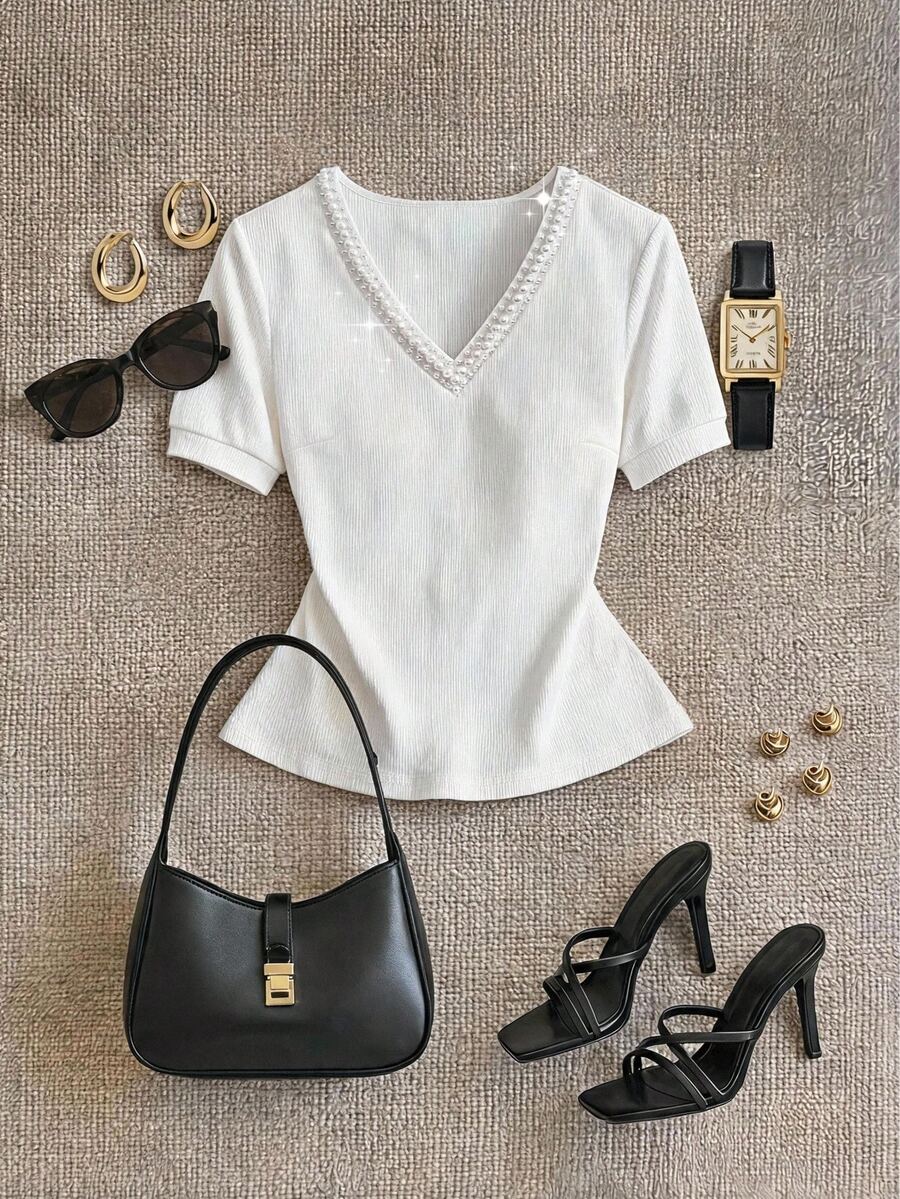 Grovea Plus Size Knitted Ribbed V-Neck Pearl Decor 3D Short Sleeve Cinched Waist Eleganza Elegant T-Shirt Dates Office Allover White Summer