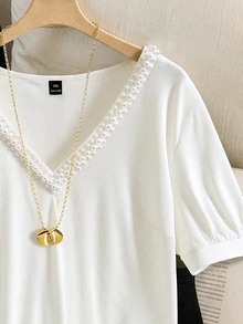 Grovea Plus Size Knitted Ribbed V-Neck Pearl Decor 3D Short Sleeve Cinched Waist Eleganza Elegant T-Shirt Dates Office Allover White Summer - White - View 4