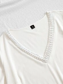 Grovea Plus Size Knitted Ribbed V-Neck Pearl Decor 3D Short Sleeve Cinched Waist Eleganza Elegant T-Shirt Dates Office Allover White Summer - White - View 6