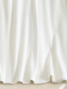 Grovea Plus Size Knitted Ribbed V-Neck Pearl Decor 3D Short Sleeve Cinched Waist Eleganza Elegant T-Shirt Dates Office Allover White Summer - White - View 5