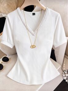 Grovea Plus Size Knitted Ribbed V-Neck Pearl Decor 3D Short Sleeve Cinched Waist Eleganza Elegant T-Shirt Dates Office Allover White Summer - White - View 8