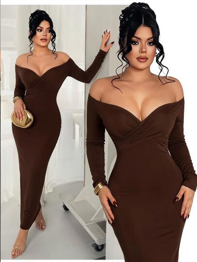 SHEIN SXY فستان نسائي مثير وأنيق بتصميم متقاطع مطوي مع أكتاف مكشوفة