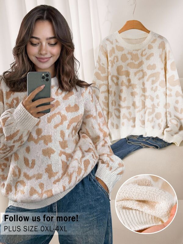 CosyJoli Plus Size Elegant French Casual Leopard Print Minimalist Pullover Knit Sweater Top For Women