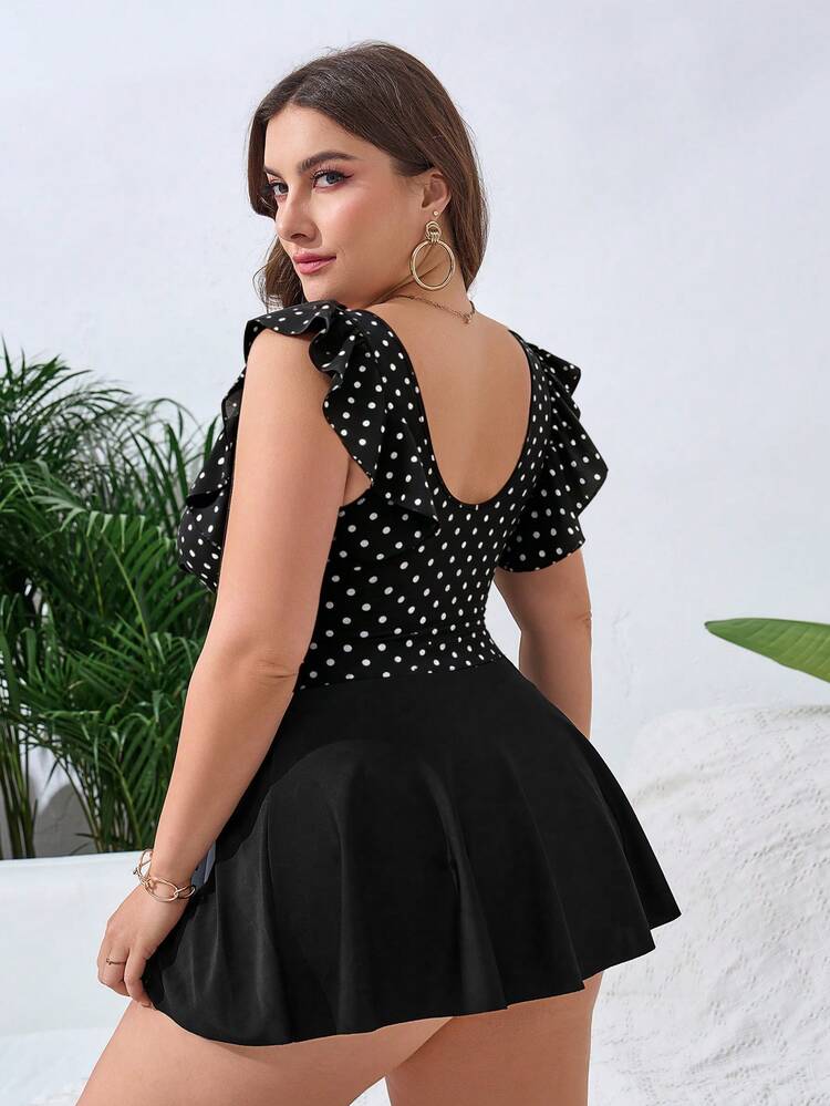 Swim Lushoire Plus Size Polka Dot Print Patchwork Swimdress With Triangle Swimshorts - Multicolor - View 2
