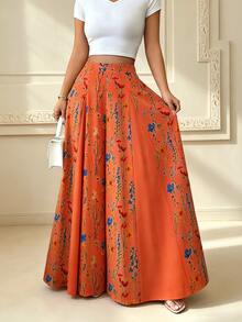 Elenzga Women's Elegant Printed A-Line Pants, Suitable For Outings, Vacations And Commuting In Spring And Summer - Red Orange - View 4