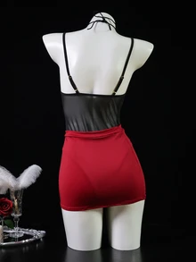 Dansine 女款性感角色扮演服裝套裝，細肩帶上衣與貼身裙，誘人不可脫卸內衣 - 黑色 - 查看 2