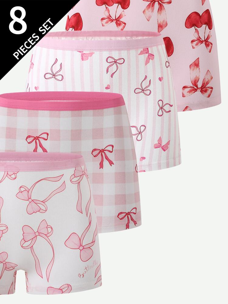 8pcs/Pack Tween Girls Comfortable Soft Cute Colorful Bow Heart Print Traceable Cotton Boxer Briefs, All Seasons - Multicolor - View 7