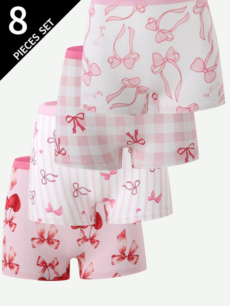 8pcs/Pack Tween Girls Comfortable Soft Cute Colorful Bow Heart Print Traceable Cotton Boxer Briefs, All Seasons - Multicolor - View 4