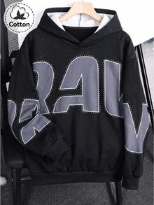 SHEIN 青少年男孩休閒極簡 Y2K 酷感雪花與大字母圖案嘻哈搖滾塗鴉運動風寬鬆舒適長袖連帽衛衣，適合秋冬 - 灰色 - 查看 2