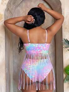 SHEIN Slayr CURVE 2026新款彩色豹紋流蘇設計大尺碼女款比基尼上衣，適合海灘度假夏季 - 彩色 - 查看 2