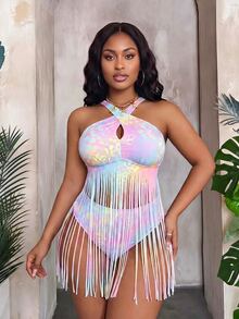 SHEIN Slayr CURVE 2026新款彩色豹紋流蘇設計大尺碼女款比基尼上衣，適合海灘度假夏季 - 彩色 - 查看 3