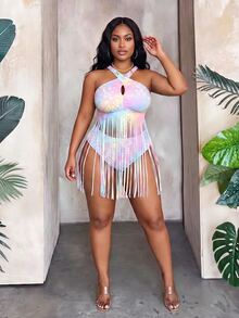 SHEIN Slayr CURVE 2026新款彩色豹紋流蘇設計大尺碼女款比基尼上衣，適合海灘度假夏季 - 彩色 - 查看 4