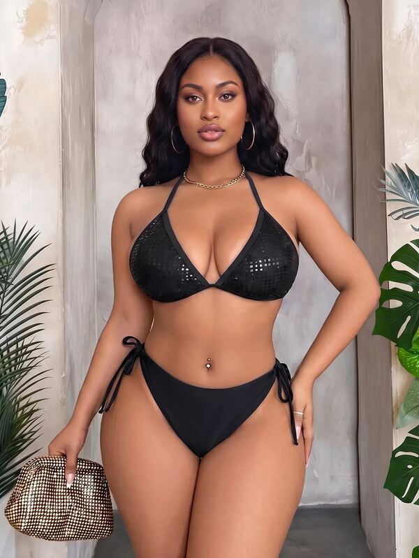 Maweii 2026 New Sexy V-Neck Halter Sequin Bikini Top For Summer Beach Vacation Black