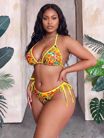 Maweii Plus Size Allover Print Vacation Beach Swimwear Set, Random Print For Summer