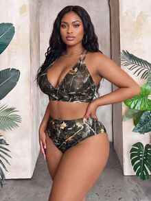 SHEIN Slayr CURVE 大尺碼夏季度假樹枝印花比基尼套裝海灘 - 彩色 - 查看 3