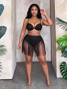 SHEIN Slayr CURVE 大尺碼時尚性感流蘇罩衫裙 夏季海灘度假黑色 - 黑色 - 查看 4