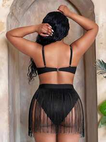 SHEIN Slayr CURVE 大尺碼時尚性感流蘇罩衫裙 夏季海灘度假黑色 - 黑色 - 查看 2