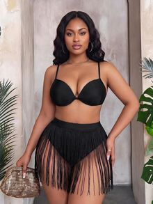 SHEIN Slayr CURVE 大尺碼時尚性感流蘇罩衫裙 夏季海灘度假黑色 - 黑色 - 查看 1