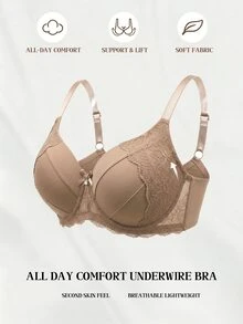 LustreForm Women's Plus Size Comfortable Solid Flower Lace Splice Scallop Trim Border Bow Tie Ornament Sexy Basic Wire-Supported Lift & Instantlift Bra - Apricot - View 6