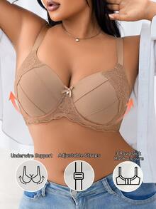 LustreForm Women's Plus Size Comfortable Solid Flower Lace Splice Scallop Trim Border Bow Tie Ornament Sexy Basic Wire-Supported Lift & Instantlift Bra - Apricot - View 3