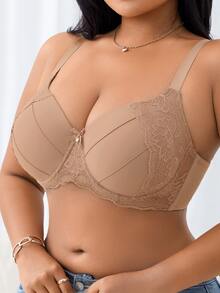LustreForm Women's Plus Size Comfortable Solid Flower Lace Splice Scallop Trim Border Bow Tie Ornament Sexy Basic Wire-Supported Lift & Instantlift Bra - Apricot - View 5