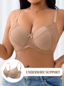 LustreForm Women's Plus Size Comfortable Solid Flower Lace Splice Scallop Trim Border Bow Tie Ornament Sexy Basic Wire-Supported Lift & Instantlift Bra - Apricot - View 4